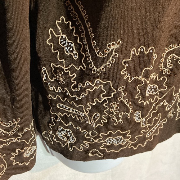 47-7 COLDWATER CREEK brown white seed bead embroidery eyehook cardigan L - Picture 3 of 4